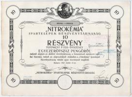 Budapest 1941. Nitrokémia Ipartelepek Részvénytársaság tíz részvénye egyben, összesen 1500P-ről, szelvényekkel, szárazpecséttel T:I,I-
