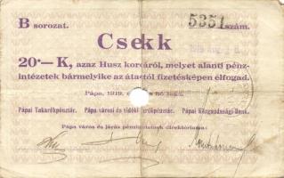 Pápa 1919. "Pápai csekk" 10K (2x), 20K (2x) lyukasztással érvénytelenítve T:III-,III-/IV