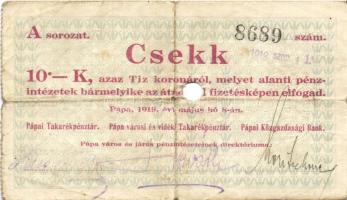 Pápa 1919. "Pápai csekk" 10K (2x), 20K (2x) lyukasztással érvénytelenítve T:III-,III-/IV