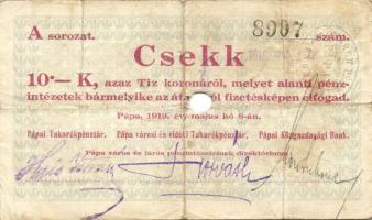Pápa 1919. "Pápai csekk" 10K (2x), 20K (2x) lyukasztással érvénytelenítve T:III-,III-/IV