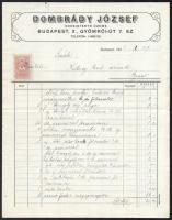 1938 Bp., Dombrády József kocsigyártó üzeme fejléces számlája, okmánybélyeggel