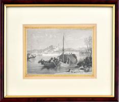 cca 1850 Pétervárad látképe, acélmetszet, papír, jelzés nélkül, üvegezett fa keret, 10x14,5 cm,