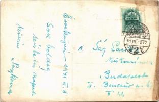 1941 Érsekújvár, Nové Zámky (?); vasútállomás gyalogos felüljáró híddal, gőzmozdony / railway statio...