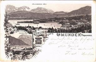 Gmunden, Traunsee / general view, coat of arms. Art Nouveau, floral, litho (EK)