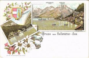 Hallstatt, Gruss vom Hallstätter-See. Grosau-Mühle / general view, mill, coat of arms. Schneider & Lux Nr. 137. Art Nouveau, floral, litho (EK)