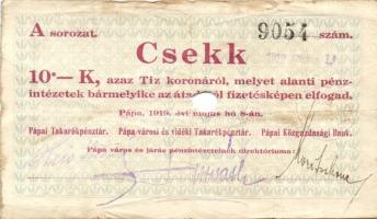 Pápa 1919. "Pápai csekk" 10K (2x), 20K (2x) lyukasztással érvénytelenítve T:III-,III-/IV