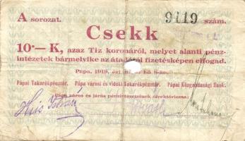 Pápa 1919. "Pápai csekk" 10K (2x), 20K (2x) lyukasztással érvénytelenítve T:III-,III-/IV