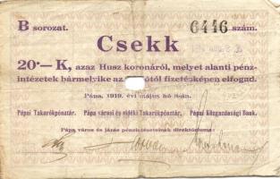 Pápa 1919. "Pápai csekk" 10K (2x), 20K (2x) lyukasztással érvénytelenítve T:III-,III-/IV