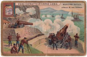 Vero Estratto di Carne Liebig. Manovre Navali. Attaco di una fortezza / Liebig meat extract advertisement. Italian edition, naval battle. litho minicard (11 cm x 7 cm) (b)