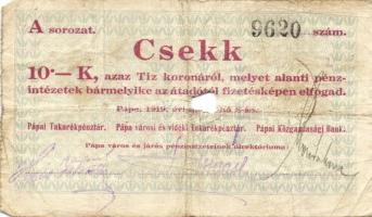 Pápa 1919. "Pápai csekk" 10K (2x), 20K (2x) lyukasztással érvénytelenítve T:III-,III-/IV