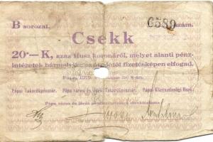 Pápa 1919. "Pápai csekk" 10K (2x), 20K (2x) lyukasztással érvénytelenítve T:III-,III-/IV