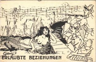 1917 Erlaubte Beziehungen / WWI Austro-Hungarian K.u.K. military art postcard, humour, mermaid. artist signed + Liquidierender Rechnungsführer des K.u.K. 25. Infanterie-Divisons-Kommandos (EK)