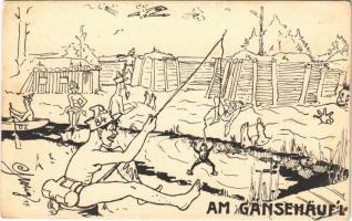1917 Am Gänsehäufl / WWI Austro-Hungarian K.u.K. military art postcard, humour. artist signed + Liquidierender Rechnungsführer des K.u.K. 25. Infanterie-Divisons-Kommandos (EK)