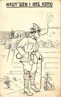 1917 Heut geh I ins Kino / WWI Austro-Hungarian K.u.K. military art postcard, humour. artist signed + Liquidierender Rechnungsführer des K.u.K. 25. Infanterie-Divisons-Kommandos (fl)