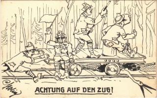 1917 Achtung auf den Zug! / WWI Austro-Hungarian K.u.K. military art postcard, humour. artist signed + Liquidierender Rechnungsführer des K.u.K. 25. Infanterie-Divisons-Kommandos (EK)