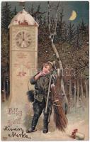 1908 Boldog Újévet! / New Year greeting art postcard with chimney sweeper. EAS. Emb. litho (b)