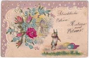 1901 Glückliche Ostern / Easter greeting art postcard with silk flowers, rabbit and eggs. Art Nouveau, floral, Emb. litho (EK)