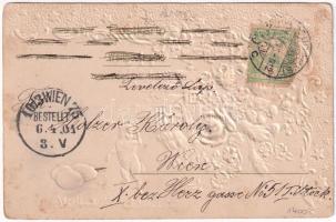 1901 Glückliche Ostern / Easter greeting art postcard with silk flowers, rabbit and eggs. Art Nouvea...