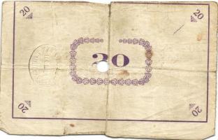 Pápa 1919. "Pápai csekk" 20K (2x) erős elő- és hátlapi elcsúszásokkal, lyukasztással érvén...