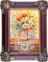 Olvashatatlan jelzéssel: Virágcsendélet. Olaj, karton. Dekoratív, kissé sérült fa keretben, 18,5x13 cm