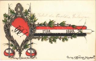 1798-1898 Jubil. der Onoldia Erlangen. Verlag C. Sebold / Corps Onoldia. German student fraternity, coat of arms, Studentica. Art Nouveau, floral, litho (fl)