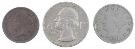 Amerikai Egyesült Államok 1906. 1c Br "Indián" + 1906. 5c Cu-Ni + 1964. 1/4$ Ag "Wash...