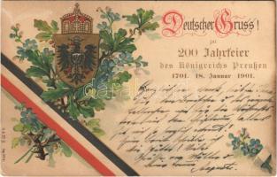 1701-1901 Deutscher Gruss! zur 200 Jahrfeier des Königreichs Preußen / 200th Anniversary of the Kingdom of Prussia, coat of arms. Art Nouveau, floral, Emb. litho (lyuk / pinhole)