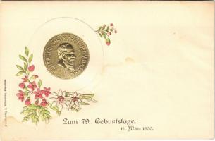 Zum 79. Geburtstage. Luitpold Prinzregent von Bayern / 79th Birthday of Luitpold, Prince Regent of Bavaria, coin. Kunstverlag J. Silberstein. Art Nouveau, floral, Emb. litho (fl)