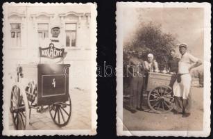 cca 1930 Felvidéki fagylaltárusok kézi kocsival, 2 db fotó, 9x6 cm