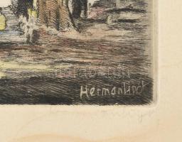 Herman Lipót (1884-1972): Balatoni táj. Színezett rézkarc, papír, jelzett, foltos, 28,5×35 cm