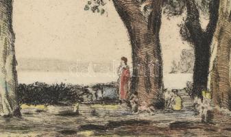 Herman Lipót (1884-1972): Balatoni táj. Színezett rézkarc, papír, jelzett, foltos, 28,5×35 cm