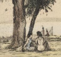Herman Lipót (1884-1972): Balatoni táj. Színezett rézkarc, papír, jelzett, foltos, 28,5×35 cm