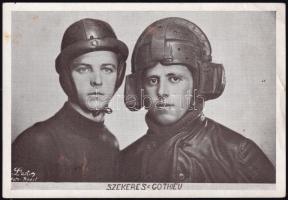 cca 1930-1940 Szekeres és Gothieu motorkerékpár-versenyzők, feliratozott fotó, Lart Foto Bp., kissé foltos, 13,5x9 cm / Szekeres & Gothieu motorcycle racers, vintage photo