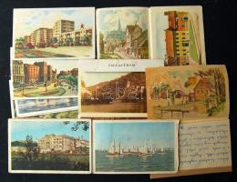 1960-as évek 4 db modern akvarell képeslap-leporelló + 6 db akvarell képeslap (szignált)