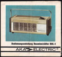 cca 1970 AKA Electric RHL 4 retró fűtő-hűtő ventillátor kezelési utasítása, 2 db képes ismertető prospektus, magyar és német nyelvű, hajtásnyomokkal