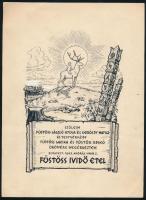1943 Bp., a Füstöss család emléklapja gyermekük születése alkalmából, Lamoss Béla grafikája, rajta ősmagyar szimbólumokkal (csodaszarvas, kopjafa rovásírással), 22x16 cm