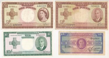 Málta 1943. 1Sh + 1949. (1951) 10Sh + 1P + 1949. (1954) 1P T:III egyiken kis anyaghiány Malta 1943. 1 Shilling + 1949. (1951) 10 Shillings + 1 Pound + 1949. (1954) 1 Pound C:F one with small missing material