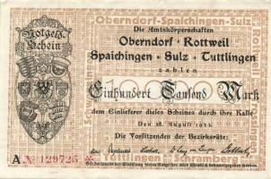 Német Birodalom/Weimari Köztársaság/Oberndorf, Bottweil, Spaichingen, Sulz, Tuttlingen 1923.8.28. 100.000M Bogenkreuzmuster v.j.-lel T:II