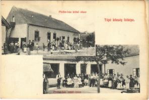 1910 Tápé (Szeged), Pfeifer-ház külső és belső része, "Jó bor olcsó sör" felirat. Müller és Pfeifer kiadása (r)