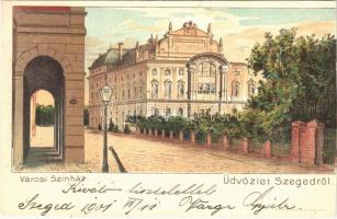 1901 Szeged, Városi színház. Kosmos műintézet. litho + BÁZIÁS - BUDAPEST 4. SZ. vasúti mozgóposta bélyegző (vágott / cut)