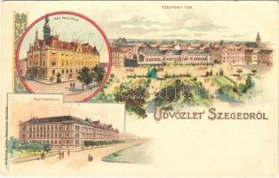 1899 Szeged, Széchenyi tér, MÁV palota, Főgimnázium. Endrenyi Imre Nr. 1049. Art Nouveau, litho (EK)