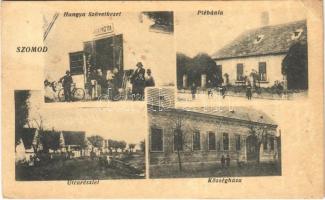 1933 Szomód, Plébánia, utca részlet, községháza, Hangya szövetkezet üzlete, kerékpár (EK)