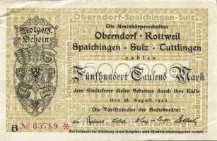 Német Birodalom/Weimari Köztársaság/Oberndorf, Bottweil, Spaichingen, Sulz, Tuttlingen 1923.8.28. 500.000M Bogenkreuzmuster v.j.-lel T:II/III