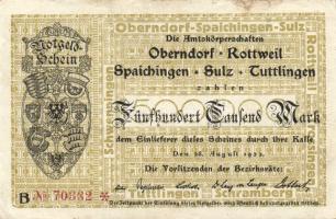 Német Birodalom/Weimari Köztársaság/Oberndorf, Bottweil, Spaichingen, Sulz, Tuttlingen 1923.8.28. 500.000M Bogenkreuzmuster v.j.-lel T:II/III