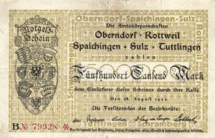 Német Birodalom/Weimari Köztársaság/Oberndorf, Bottweil, Spaichingen, Sulz, Tuttlingen 1923.8.28. 500.000M Bogenkreuzmuster v.j.-lel T:II/III