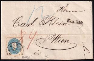 1862 Távolsági ajánlott levél, 15kr az előoldalon + 10kr a hátoldalon (levélbontáskor elvágva / torn). A 15kr-en festékfolt az uralkodó nyakán. Látványos, szép darab! 