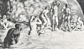Szőnyi István (1894-1960): Fürdőző aktok. Rézkarc, papír, jelzett, 22x34 cm