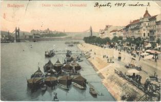 1907 Budapest V. Pesti rakpart, Duna, kikötő, piac. Taussig A. 6748. (EK)