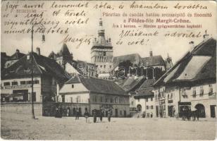 1917 Segesvár, Schässburg, Sighisoara; Felső piac, Ker. Munkásbiztosító pénztár, Fazekas üzlete. Földes-féle Margit-Creme reklám / market, shop, cream advertisement