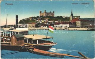 Pozsony, Pressburg, Bratislava; Dunasor, vár, gőzhajó magyar zászlóval. Vasúti levelezőlapárusítás 41. 1915. / Danube, castle, steamship with Hungarian flag